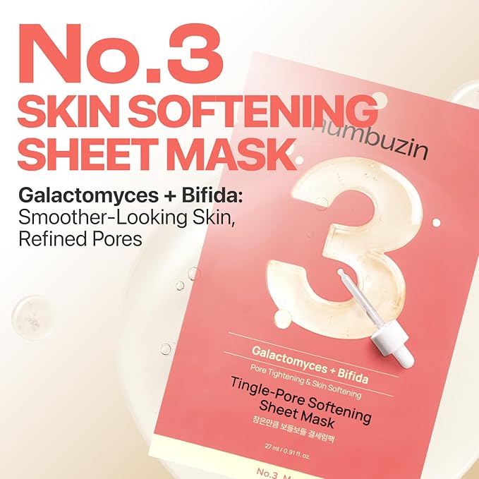 numbuzin No.3 Sheet Mask | 5 Sheets | Tingle-Pore Softening Sheet Mask | Pore Minimizing, Skin Softening Face Mask with Bifidax | Hydrates, Smooths Rough, Bumpy Skin, Improves Glow | Korean Skincare
