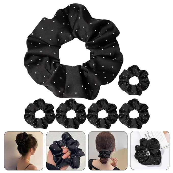 Minkissy Silk Hair Ties - 6pcs Elastic Hair Ties Rhinestone Scrunchies Rhinestone Ponytail Holders for Women Girls - Black