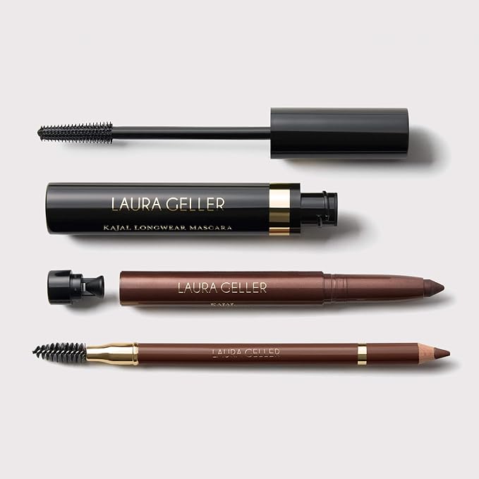 LAURA GELLER Laura’s 3 E’s Eyeliner, Eyelash & Eyebrows Kit for Mature Skin | Dark Brown | Kajal Longwear Eyeliner, Kajal Longwear Mascara & Bravo Brows Soft Pencil + Brush