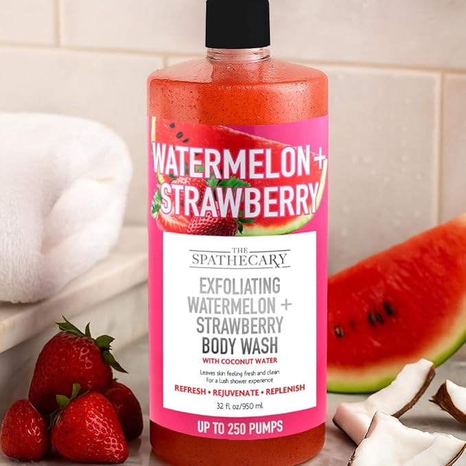 Exfoliating Body Wash – Watermelon & Strawberry with Coconut, Nourishing Body Scrub for Smooth Skin, Hydrating & Rejuvenating Shower Gel, For Women & Men, Cruelty-Free, 32 oz