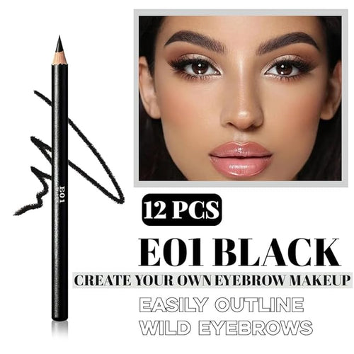 12Pcs Black Eyebrow Pencils for Women, Wooden Hard-Core Eyebrow and Eyeliner Pencil, Long Lasting Waterproof and Sweat-Proof, Beginner Makeup Brow Pencil (Black)