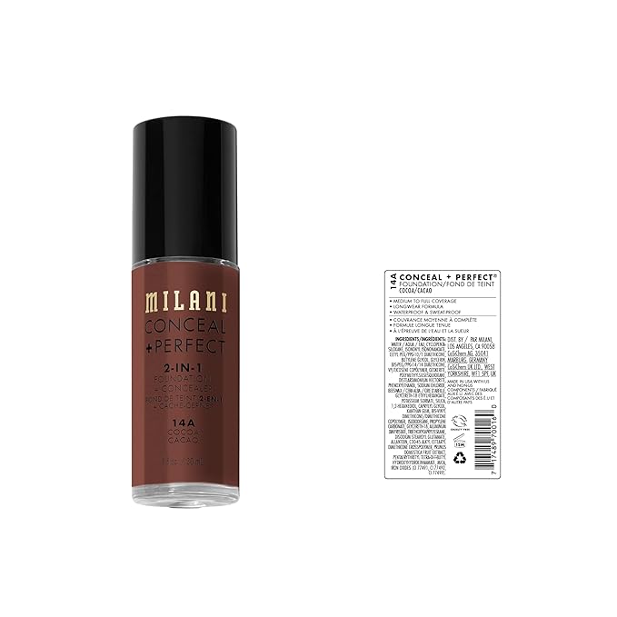 Milani Conceal + Perfect 2-in-1 Foundation + Concealer for a Flawless Complexion, Under Eye Corrector, Cover Redness and Imperfections, Waterproof and Sweatproof - 14A-Cocoa