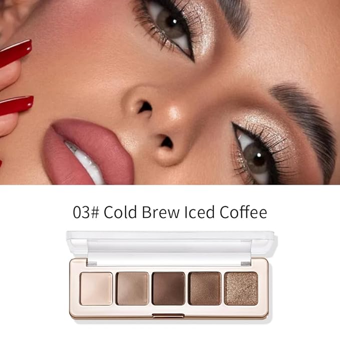 5 Color Eyeshadow Palette, Matte Shimmer Glitter Eye Shadow, Warm Brown Gold Eye Makeup, High Pigment Blendable Long Lasting Soft Glam Smokey Eyeshadow, Sombra de Ojos Vegan & Cruelty-Free 3