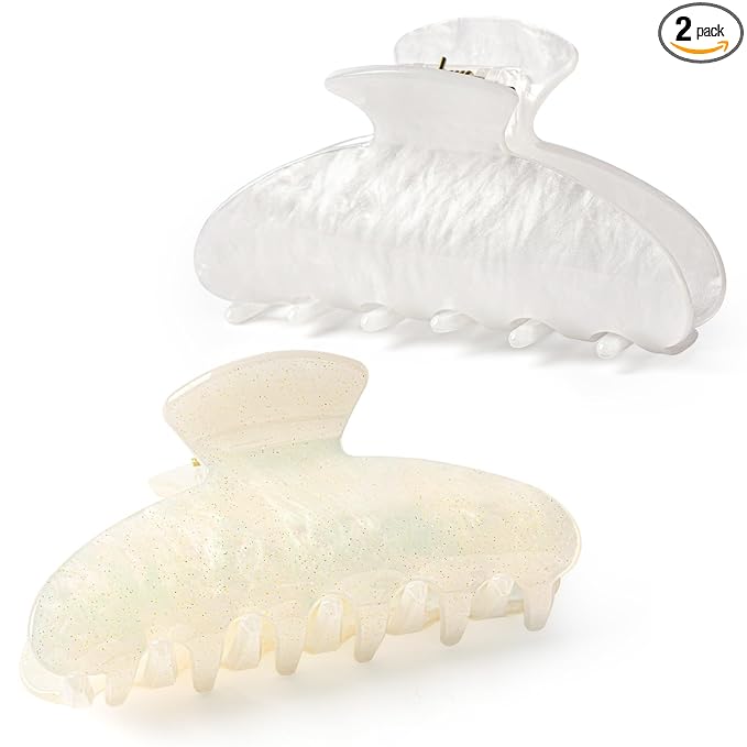 Aileam Acetate Hair Claw Clips for Women,White Beige hair clip French Design Strong Hold Non-Slip claw clips for Thick Hair, 2 Pack
