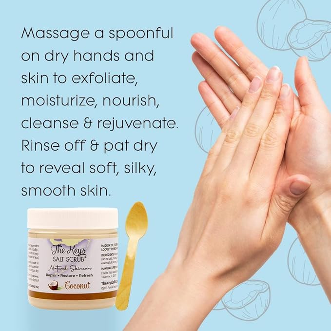 The Keys Salt Scrub -Sea Salt Scrub - Exfoliating Body Scrub with Wooden Spoon - Moisturizing Exfoliator for Hands, Foot, Bath, (3.4 Ounce (Pack of 1), Coconut)
