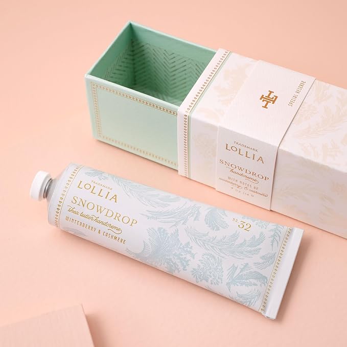 LOLLIA Snowdrop Handcreme, 4 oz, 113 g, Winterberry & Cashmere Fragrance, Luxury Shea Butter & Cocoa Butter Hand Moisturizer, Scented Hand Cream, Lotion for Women