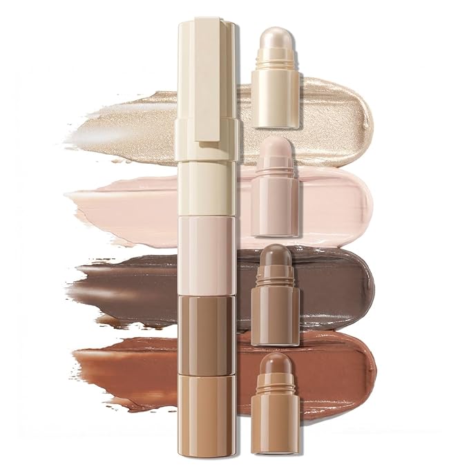 Erinde 4-in-1 Stackable Contour & Highlighter Stick, Creamy Multi-Use Shading & Illuminating Pencil, Cool Tone Grey Brown & Warm Bronzer, Matte & Pearl White Highlight, Travel Makeup Crayon