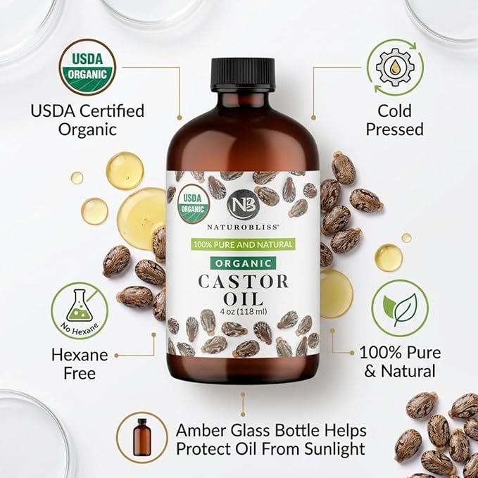 NaturoBliss Organic Castor Oil 4 Fl Oz | Glass Bottle | 100% Pure and Natural | Premium Grade Carrier Oil | Hair, Eyelashes and Eyebrows | Hair and Body | Cold-Pressed | Hexane-Free