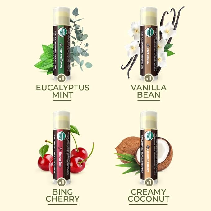 Earth's Daughter USDA Organic Lip Balm 4-Pack - Fruit Flavors, Beeswax, Coconut Oil, Vitamin E - Best Repair Chapstick for Dry Cracked Lips - Moisturizing Lip Care
