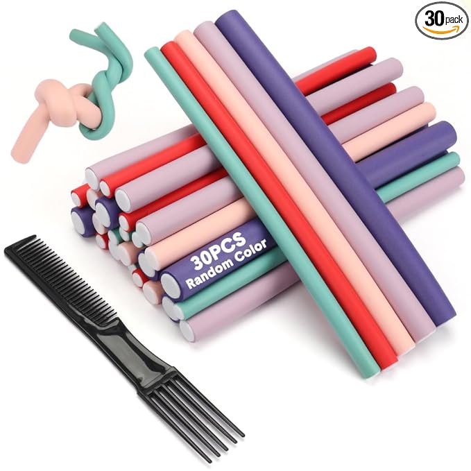 Flexible Hair Curlers to Sleep in, 30PCS Flexi Rods (9.45" and 5 Sizes 0.39"-0.78"), No Heat Heatless Curling Set for Short Medium Long Hair