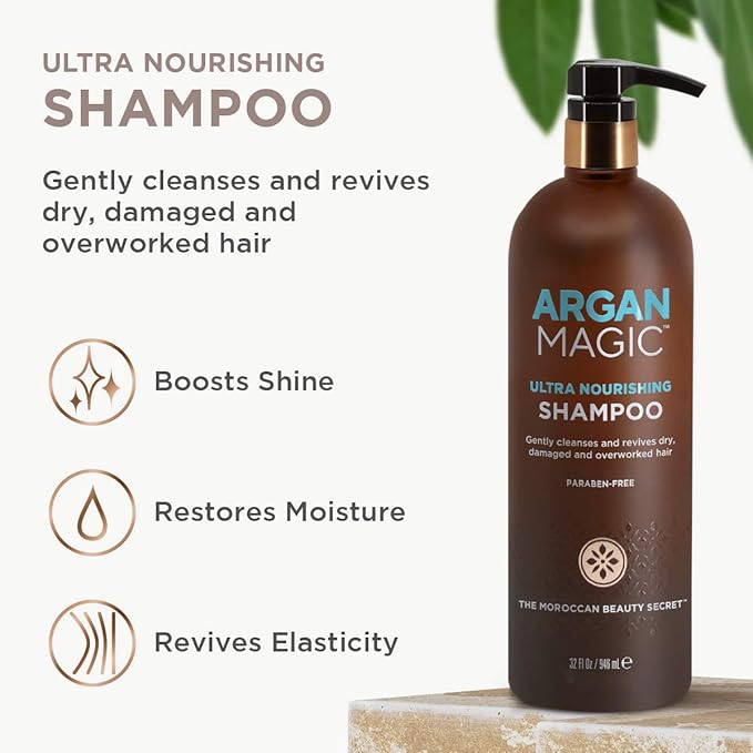 Argan Magic Ultra Nourishing Shampoo - Argan Oil and Antioxidants to Nourish and Restore Damaged and Over-Processed Hair Types | Paraben Free, (32 oz)