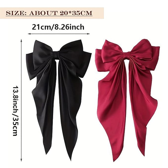 4Pcs Hair Bows, Silky Satin Hair Barrettes For Women, Oversized Long-Tail Hair, Large Bow Metal Spring Clip Temperament Beautiful Hair Accessories For Women Girl（Wine Red, Black, Cream White, Pink）