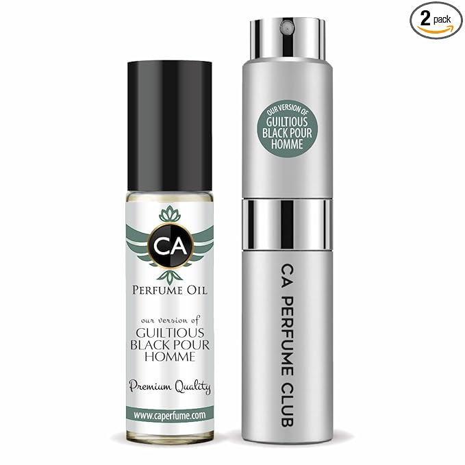 CA Perfume Duo Impression of Guiltiness Black Pour Homme For Men Perfume Layering Set Mens Cologne Long Lasting Travel Size EDP + Body Oil Roll-On Bottle 0.27 Fl Oz+0.33 Fl Oz