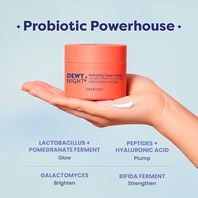 FACETORY Dewy Night Sleeping Mask – Hydrating Overnight Face Mask with Probiotic Ferments, Peptides, and Hyaluronic Acid – Fragrance-Free K-Beauty Skincare, 50 ml