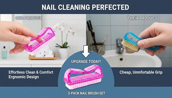 3Pcs Different Kinds of Fingernail brush with Plastic Handle Nail brush for cleaning Fingernails - Easy to use Nail Scrub brush - Nail Cleaner Nail brushes for Hands Feet(pink)