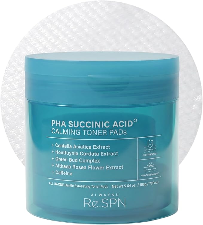 Re.SPN PHA Succinic Acid Calming Toner Pads – Daily Exfoliating, Hydrating and Soothing with CICA, Caffeine, Non-comedogenic, Vegan, Glass Skin, K-Beauty (70 Count)
