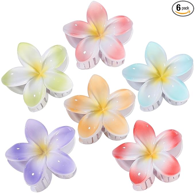CHANDAT Flower Hair Clips 6 PCS Hawaiian Claw Clips for Vacation Hibiscus Hair Claw Clips Cute Large Hair Clips for Thick and Thin Hair Plumeria Hair Accessories for Women Girls -Light Petal