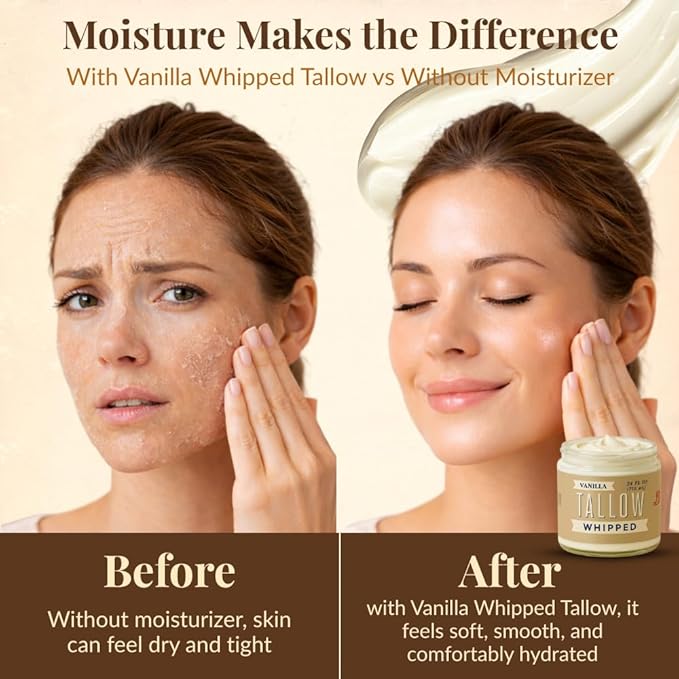 Whipped Tallow 2oz - All Natural Face Cream + Whole Body Moisturizer for Dry Skin - Made With Scented Oil Blend - No Preservatives, Parabens or Seed Oils - USA Made (Vanilla)