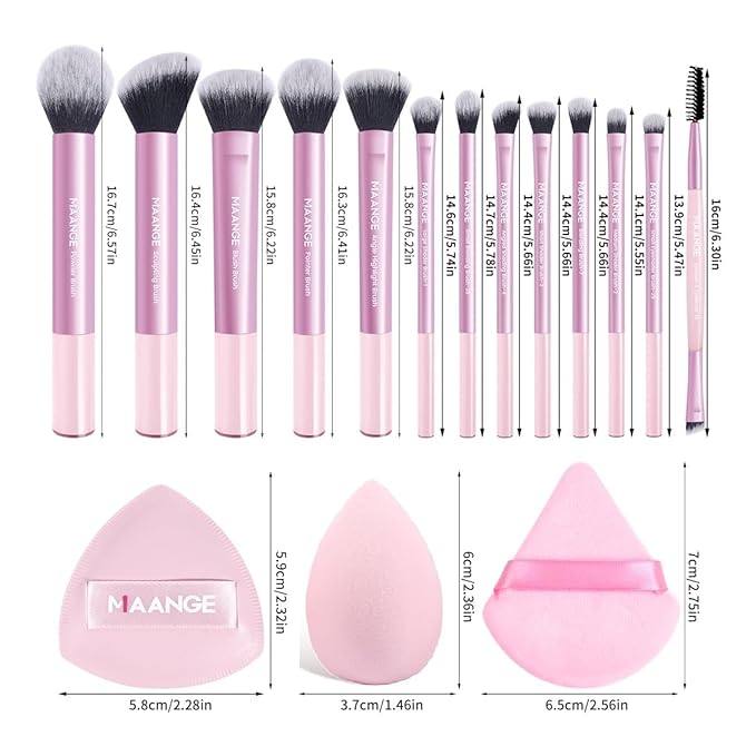 MAANGE 16PCS Makeup Brush Set Travel Makeup Brushes for Liquid Powder Contour Concealer Cream Cosmetics Blending Eyeshadow Eyeliner (Pink)