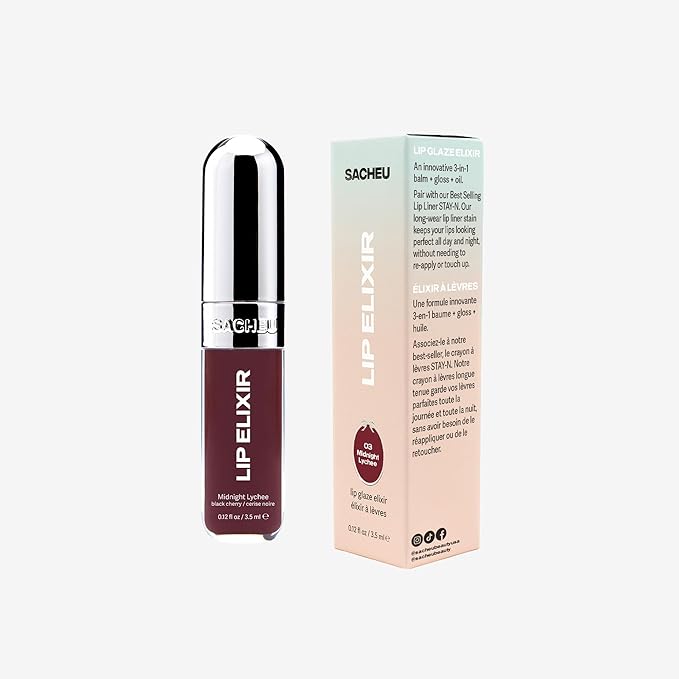 Sacheu Lip Elixir Nourishing and Hydrating Lipgloss — Moisturizing Plumping Lip Gloss Enriched with Collagen, Non-Sticky Lip Color Smooth High-Shine Finish, Vegan & Cruelty-Free, Midnight Lychee