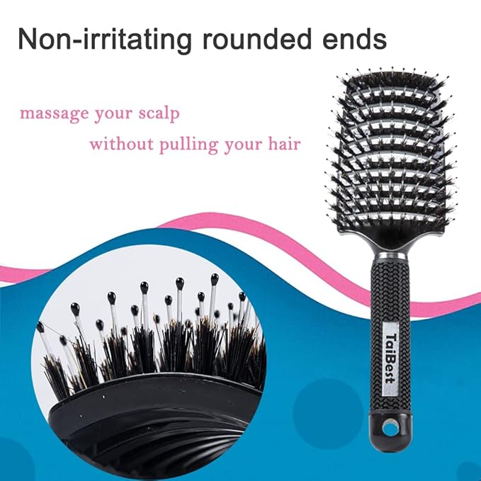 Boar Bristle Hair Brush Set - Dry/Wet Hair Brush Detangler for Fine, Thick, Curly Hair - Curved and Vented Hair Brush for Women, Men or Kids