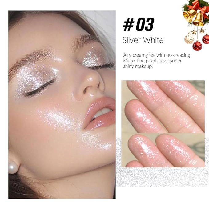 Silver White Cream Sparkle Glitter Shimmer Eyeshadow Palette Makeup for Women, Silver White Buttery Cream Powder Highlighter Vegan, de sombras de ojos, Built-in Mirror & Brush 03