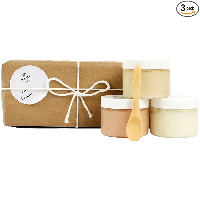 Bare Botanics 3 pc Body Scrub Gift Set - Ready to Gift Naturally Scented Sea Salt Scrub Made in Madison, WI - Formulated w/Skin Loving Moisturizers - Vegan, Cruelty Free Exfoliator w/a Cute Spoon