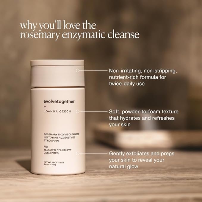 evolvetogether x Joanna Czech Rosemary Enzyme Twice-Daily Face Cleanser for Women & Men | Hydrating, Gentle Enzymatic Formula For All Skin Types | Vegan, Toxin-Free | Made in USA | Fiji, 1.41 Oz