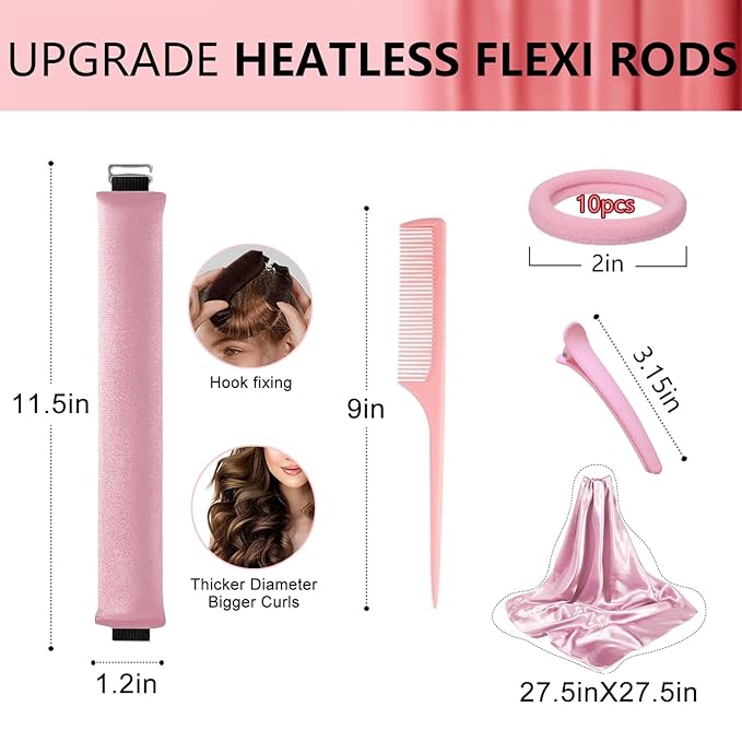 Overnight Heatless Hair Curler- 4 Piece Set- Jumbo Heatless Curls- Satin Flexi Rods to Sleep in- No Heat Curler Overnight Sleeping Curls Styling Tools- Gentle Rollers for All Hair Types-Pink