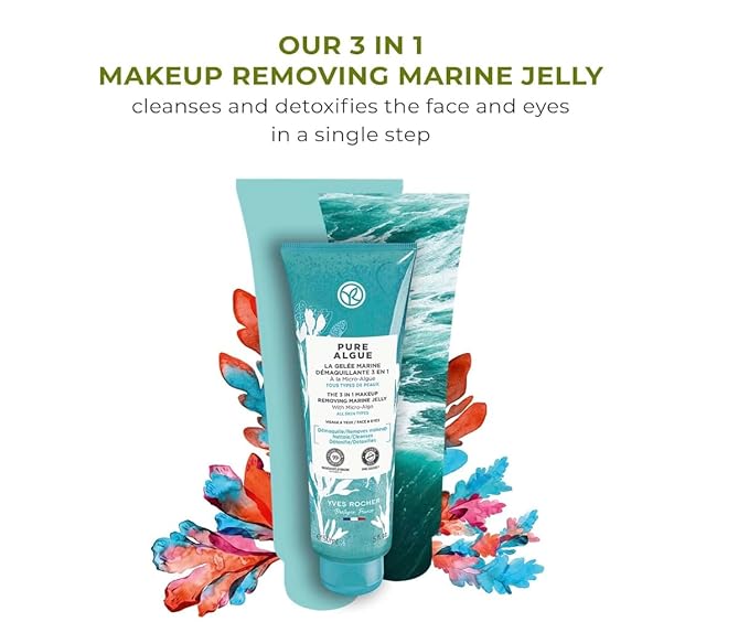 Yves Rocher 3 in 1 Makeup Removing Marine Jelly Pure Algue for Normal to Combination Skin, Cleansing Jelly Gel Oil – Refreshing Face Cleanser 150 ml./5 fl.Oz