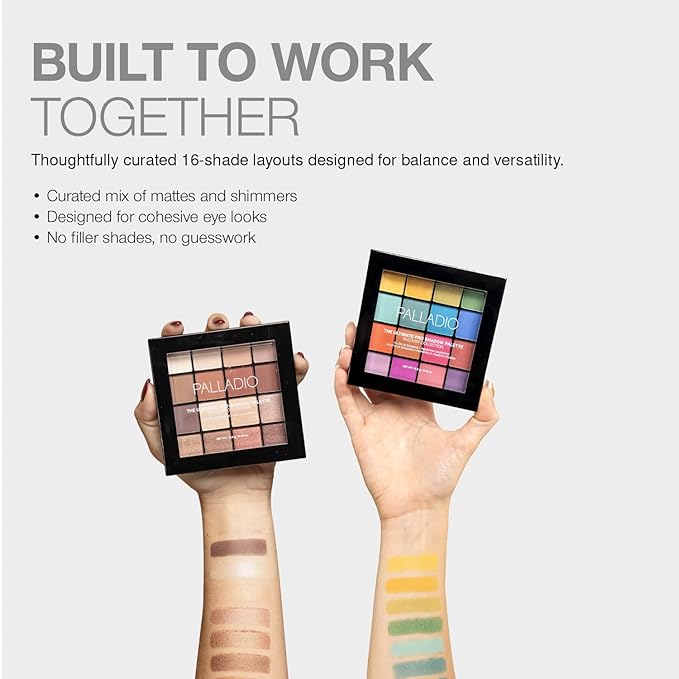 Palladio Ultimate Pro Eyeshadow Makeup Palette, 16 High-Pigmented Powder Colors, Matte, Shimmer, Satin Finishes, Natural Nudes