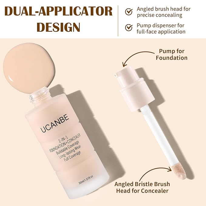 UCANBE 2-IN-1 Foundation + Concealer, Full Coverage Long-Lasting Matte Makeup for Normal, Combination and Oily Skin, Buildable Waterproof Formula with Hyaluronic Acid （03 Soft Beige）