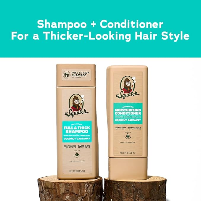Dr. Squatch Full + Thick Men's Shampoo and Conditioner Set - For Fuller, Thicker-Looking Hair - Natural Shampoo and Conditioner for Men - Coconut Castaway (11 fl oz, 2-Pack)