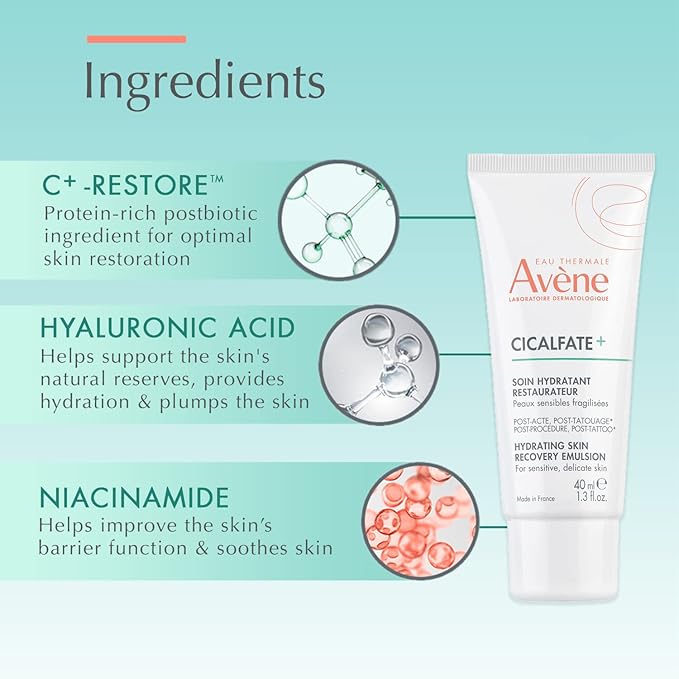 Avène Cicalfate+ Hydrating Skin Recovery Emulsion for post-procedure & post-tattoo, helps restore skin barrier, 24hr hydration, 1.3 Fl Oz