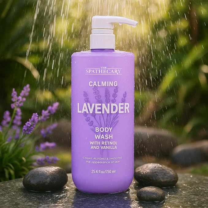Lavender Body Wash with Retinol & Vanilla – Calming Hydrating Shower Gel for Sensitive Skin & Night Routine, Daily Body Cleanser for Soft Smooth Skin, Vegan, Sulfate Free, 25.4 fl oz