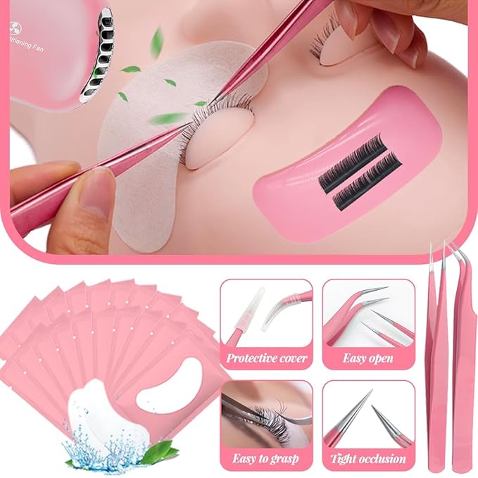 QUKLOGEN Lash Extension Kit Eyelash Practice for Beginners Professional Set with Mannequin Head Removable Eyelids USB Fan Spraye Individual False Lash Eyelash Strips Shampoo Brush Supplies