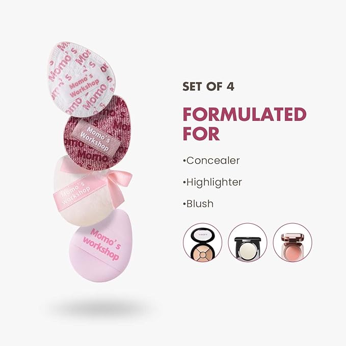 Momo's Workshop Mini Denim Makeup Sponge Set,Mini Makeup Blenders Sponge for Concealer/Blush/Highlighter, Perfect for Detail Work & Travel,4pcs Pink Mini Concealer Puffs with Travel Pouch