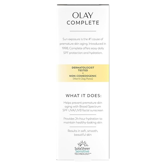 Olay Face Moisturizer,Complete with Sunscreen SPF 30,Fragrance-Free for Sensistive Skin,Broad Spectrum Sun Protection, Long-Lasting Hydration, Non-Comedogenic - Vitamin E & Aloe - 2.5 Oz - (Pack of 4)
