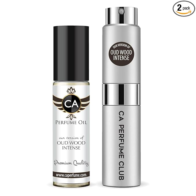 CA Perfume Duo Impression of Oud Wood Intense For Women And Men Perfume Layering Set Long Lasting Travel Size EDP + Body Oil Roll-On Bottle 0.27 Fl Oz+0.33 Fl Oz