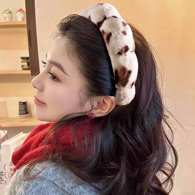 AOENJIE Spa Headbands for Washing Face or Makeup, Sponge Bubble Skincare Headbands, Puffy Terry Cloth Hairband for Women, Skin Care Makeup Headwear Hair Accessories for Girls (Leopard Khaki)