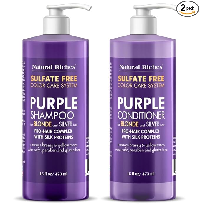 Natural Riches Purple Shampoo and Conditioner Set for Blonde, Silver & Gray Hair – Sulfate-Free, Color-Safe, Removes Brassy & Yellow Tones for Natural, Highlighted, and Bleached Hair – 16x2 fl oz