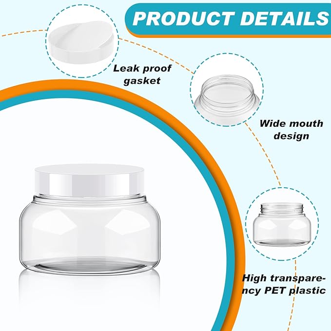 Tessco for you 24 Pack Plastic Jars with Lids Labels Multiuse Slime Containers Empty Body Scrub Jars Round Refillable Cosmetic Body Butter Container for Makeup (8 oz,White)