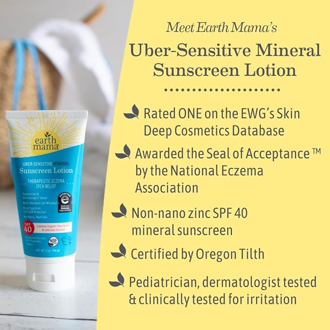 Earth Mama Uber Sensitive Mineral Sunscreen Lotion SPF 40-3 oz - Non-Nano Zinc - Broad Spectrum Sunscreen for Sensitive Skin - Water Resistant Sun Protection for Babies, Kids & Adults