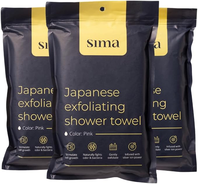 Sima Brand Exfoliating Washcloth Face & Body Scrub Towel - Japanese Exfoliating Towel with Hexagon Fibers, Body Scrubber with 2 Sides for Scrubbing & Washing, Extra Long Body Towels (Pink, 3 Pack)