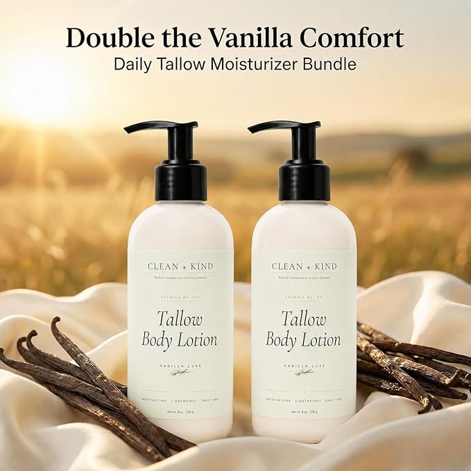 Vanilla Tallow Body Lotion 16 oz Family Size — Hydrating Non-Toxic Body Moisturizer & Cream, Grass-Fed Beef, Organic Shea, Jojoba, Coconut MCT & Aloe for Dry Sensitive Skin