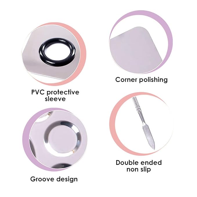 1Set of 5-Dents Half Moon Stainless Steel Cosmetic Palette with Spatula,Nail Makeup Mixing Color Plate Artist Painting Tools (Semi-Circle Five concave Color Palette)