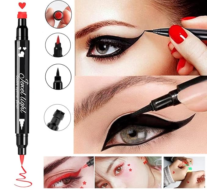 Go Ho 2 PCS Waterproof Liquid Eyeliner Stamps,Double-side Black&Red Smudge-proof Eye Liner,Heart Stamp Eyeliner for Halloween Costumes Makeup,Long-lasting Love Tattoo Tools