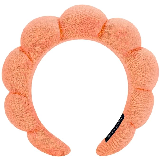 AOENJIE Spa Headbands for Washing Face or Makeup, Sponge Bubble Skincare Headbands, Puffy Terry Cloth Hairband for Women, Skin Care Makeup Headwear Hair Accessories for Girls(Orange Pink)
