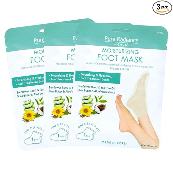 CALA Moisturizing Foot Mask Socks, Shea Butter + Sunflower Seed Oil, Tea Tree & Aloe Hydrating Booties with Urea + Hyaluronic Acid, 3 Pairs, 20-30 Min Treatment