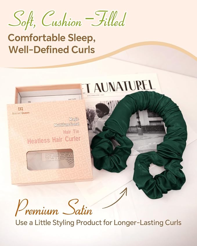 BONNET QUEEN Satin Heatless Hair Curler, Overnight Curls for Long Hair, Ultra Soft Daily Use of Hair Accessories & 2 Scrunchies, Damage-Free Styling, Soft Hair Curlers for Overnight, Dark Green